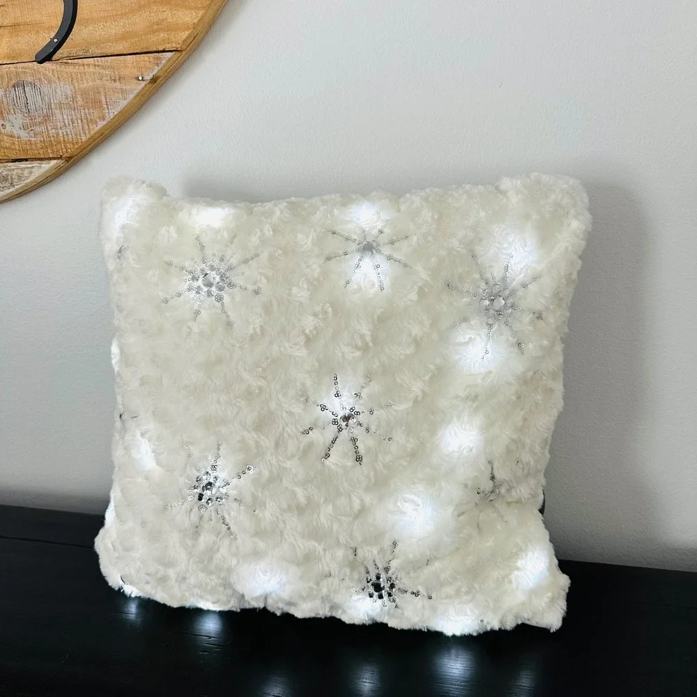 Pier 1 Imports Throw Pillow Light Up Off White Faux Fur Snowflake 16x16 Jewels